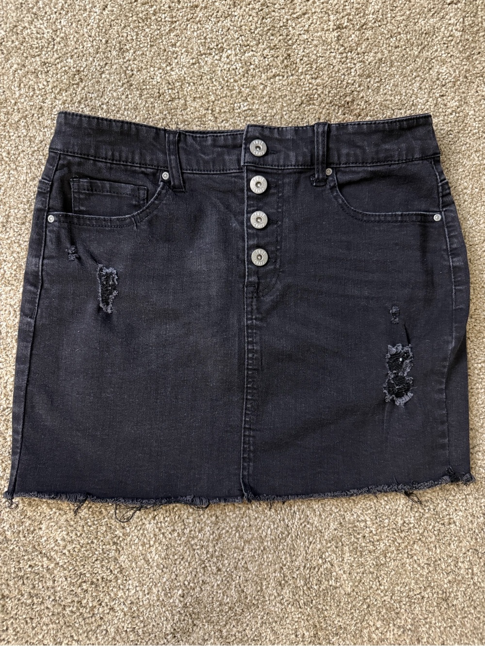 True Craft Black Distressed Button-Front Denim Mini Skirt